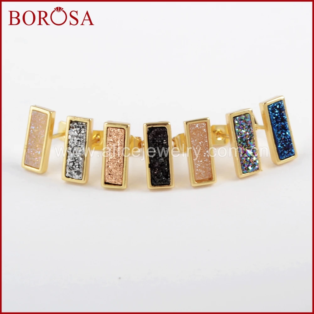 

BOROSA 5/10Pairs Rectangle Gold Color Bezel Rainbow Titanium Druzy Stud Earrings Agates Drusy Earring Gems Women Jewelry ZG0280