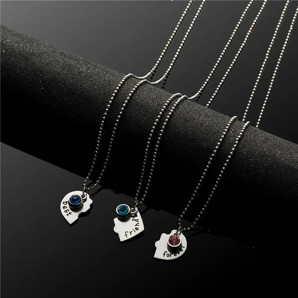3pcs/set Best Friends Forever Puzzle Patch Necklaces Stainless Steel With Rhinestone Pendant For Present Gifts|necklace stainless steel|best friends