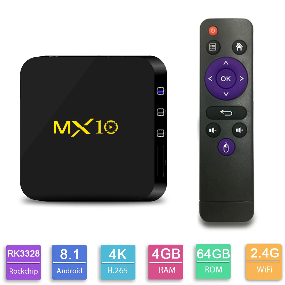 Android TV Box MX10 Smart 4 Гб DDR3 32 ГБ/64 Rockchip RK3328 четырехъядерный 64 бит медиаплеер 4K 2 ГГц WIFI USB 3