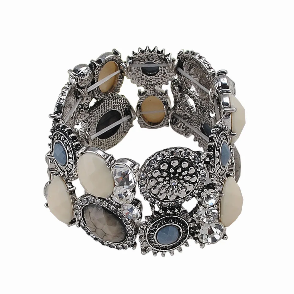 

New Turkish Stretch Bracelet Exquisite Handmade Carved Flowers Antique Silver Plated