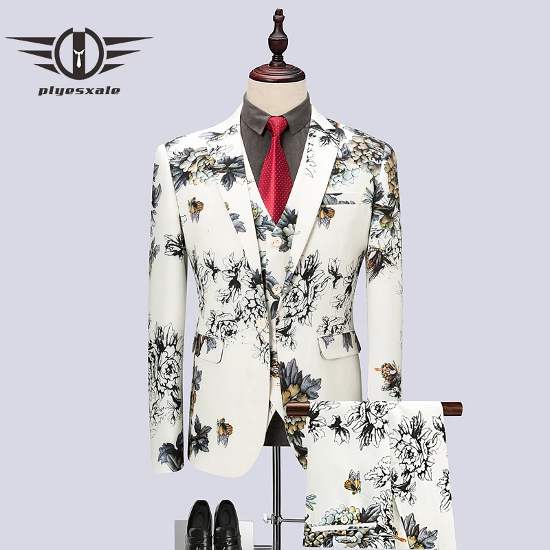 Plyesxale костюмы с цветочным узором для мужчин 2018 Slim Fit черный белый цвет Свадебный
