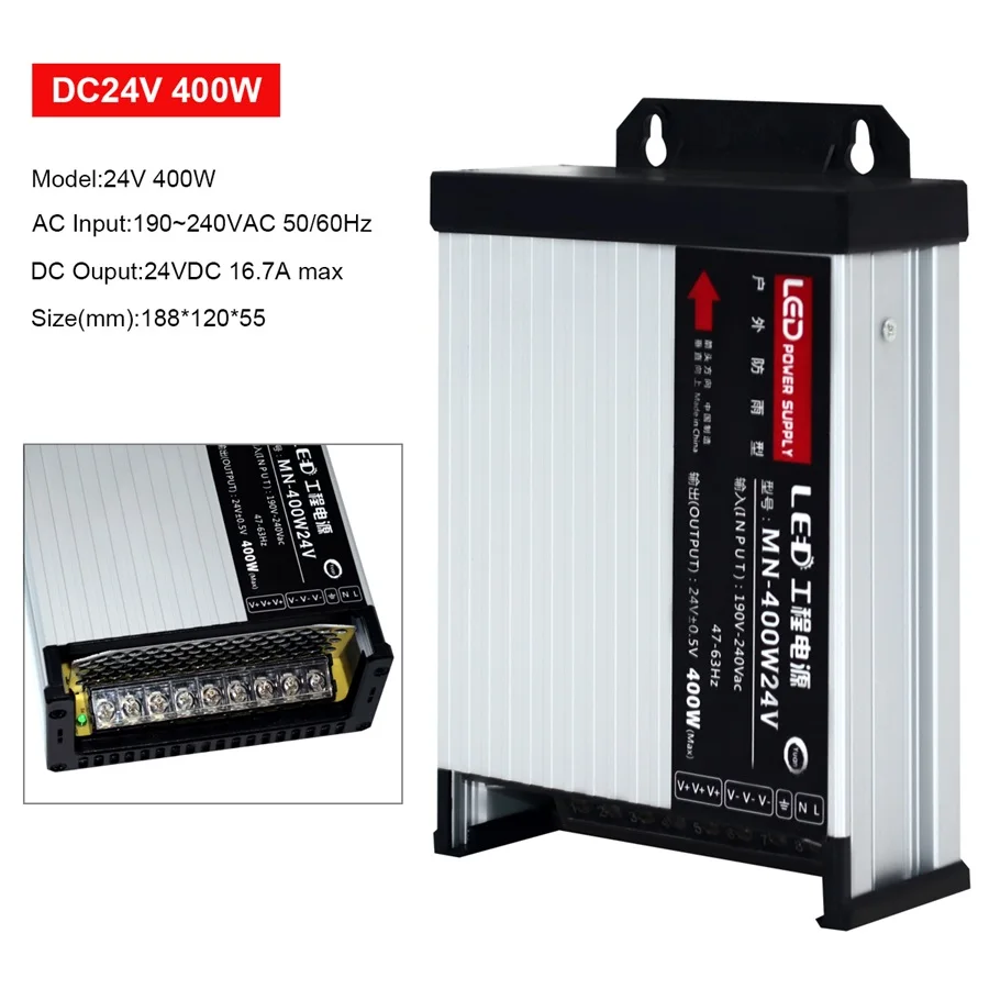 Светодиодный AC190-240V водонепроницаемый источник питания DC12V / DC24V 60 Вт 100 200 250 400