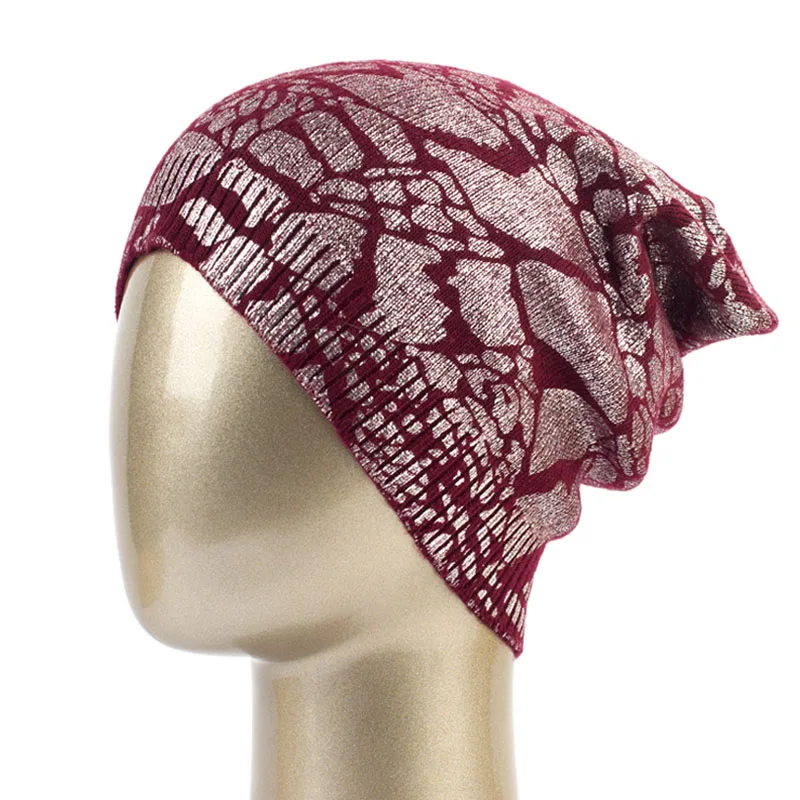 Wine Red Silver Geebro Для женщин Bronzing вязать кашемировая шапочка Весенняя Однослойная Повседневное мешковатые шапки-боб для Для женщин металлик Цвет череп Кепки - Цвет: Wine Red Silver