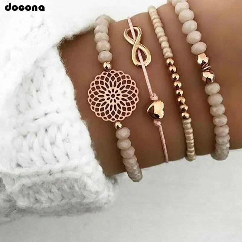 Docona Retro Gold Color Beadeds Heart Round Bracelet Set For Women Boho Flower Chains Adjustable Party Jewelry Pulseiras 4019 | Украшения и
