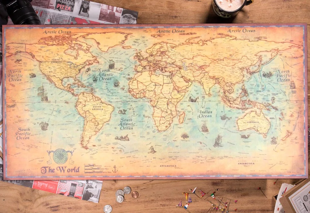 Карта мира ВИНТАЖНЫЙ ПЛАКАТ Ретро настенная печать бумага синий океан морские