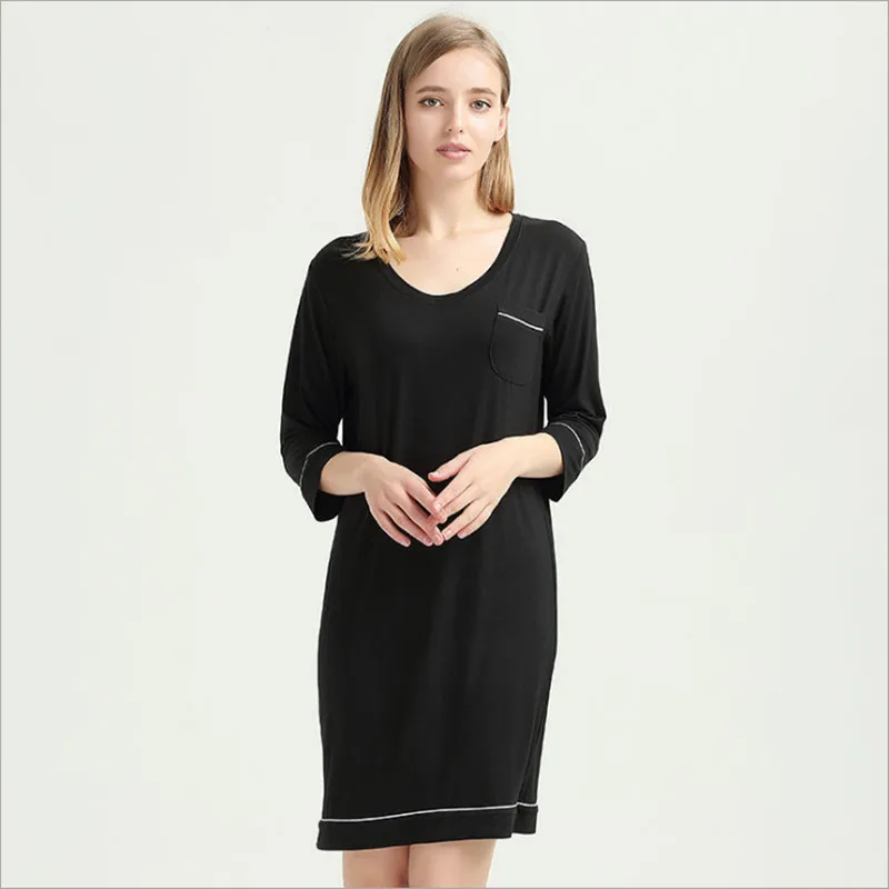 

Plus size women nightgowns modal material V-neck black blue color with pocket knee length softy sleep dress for ladies