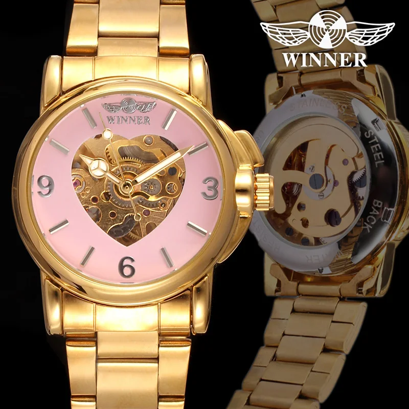 Женские часы с автоматическим скелетом роскошные золотисто розовые из