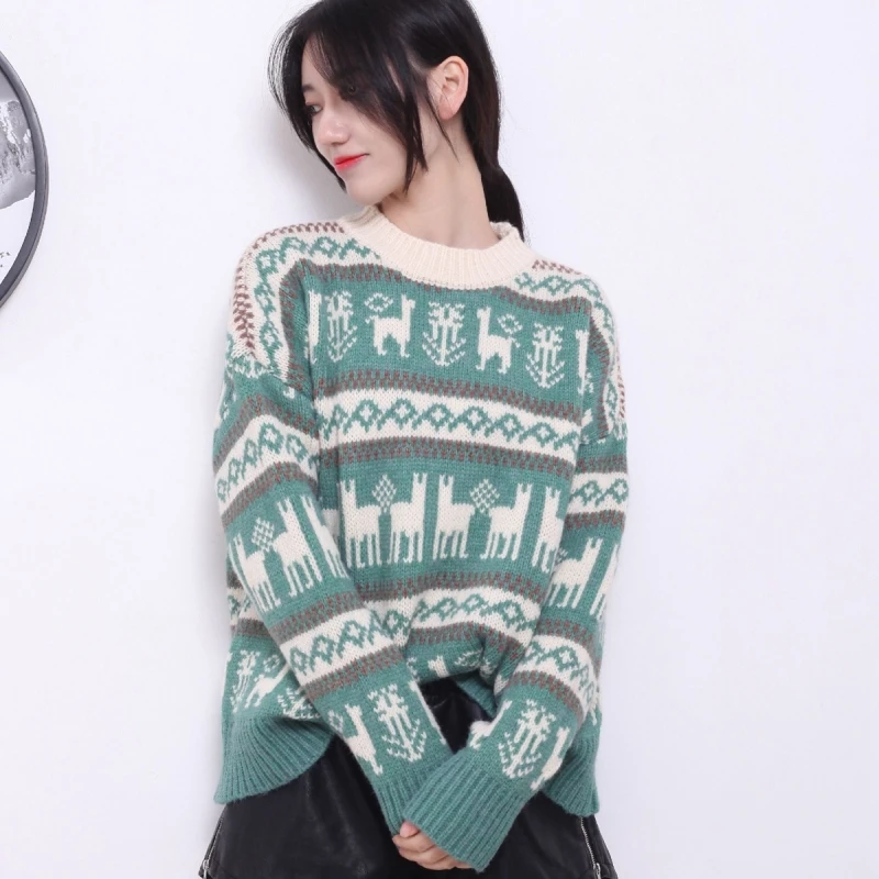 Winter Women Christmas Sweater with Deer Jacquard Korean O-neck Long Sleeve Pullover Thicken Warm Loose Casual knitted Sweaters | Женская