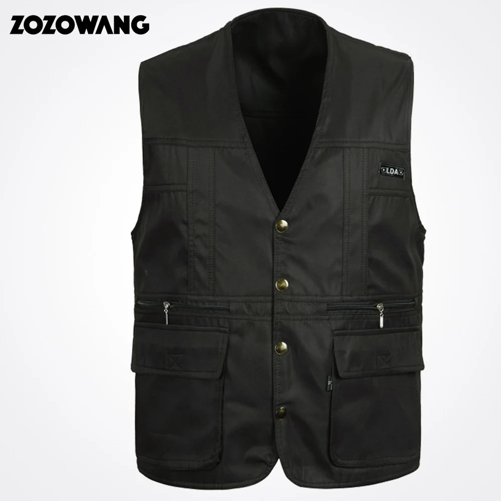 

Zozowang 2021 new Vest Men Cotton Sleeveless Jackets Blue Casual Fishing Vest with Many Pockets Plus Size Outdoors Waistcoat