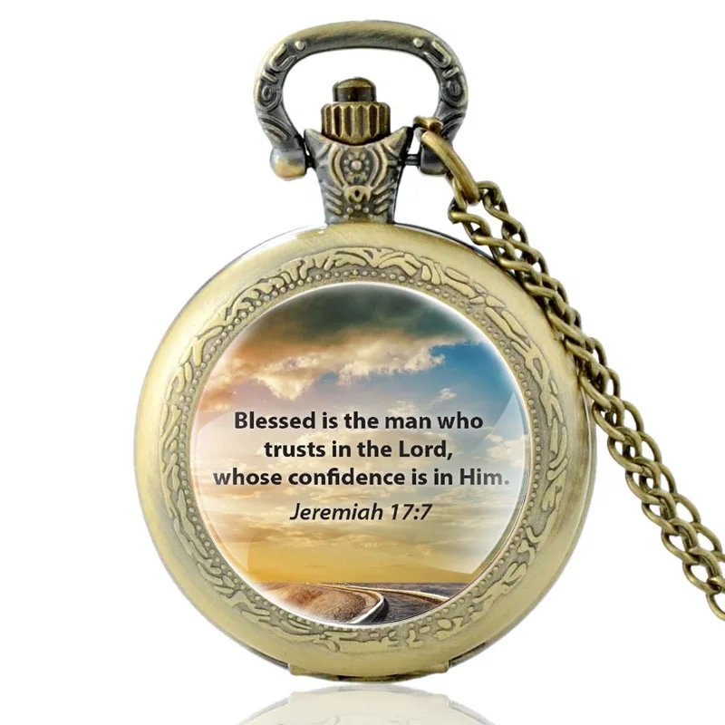 

Blessed is the man who trusts in the lord Bible Verses Quart Pocket Watch Vintage Men Christian Faith Pendant Necklace Watches