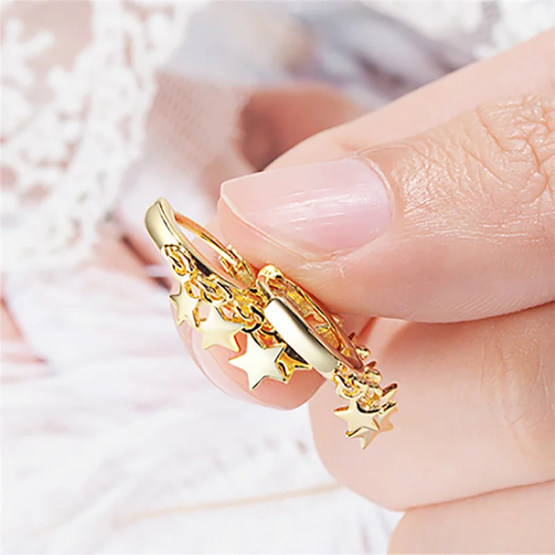 Женские круглые серьги-кольца с золотыми и серебряными звездами корейские