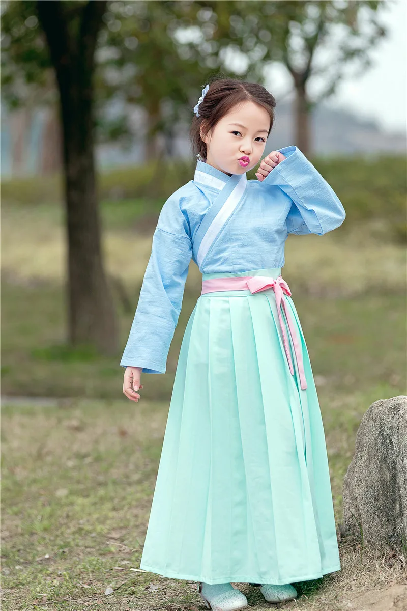 

Традиционный китайский костюм ханьфу для девочек из 2 предметов танцевальная одежда для выступлений, одежда династии Цин Топы + юбка