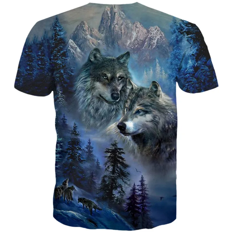 Синяя футболка с короткими рукавами и геометрическим принтом волка Модные Топы И