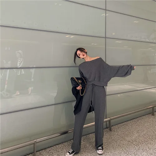 Модные женские комплекты одежда с длинными рукавами пуловер топ эластичной