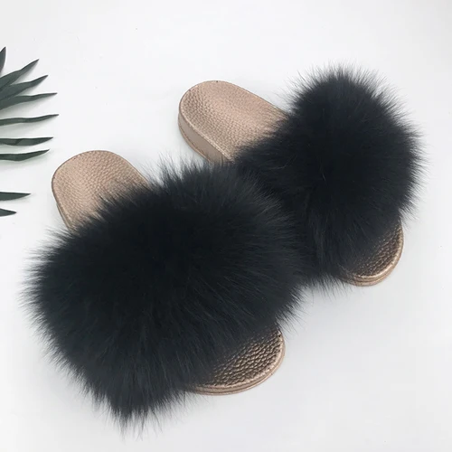 Yu Kube High Quality Plush Furry Real Fur Slippers N Ladies Real Fox Hair Slides Summer Shoes Women Plus Size Flip Flops - Color: Y