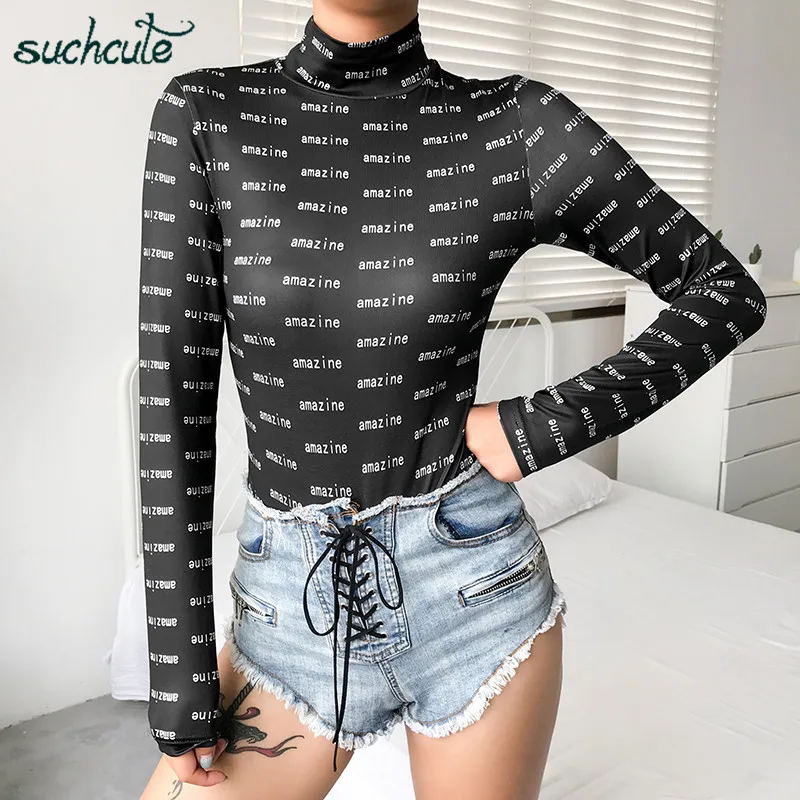 SUCHCUTE боди для женщин комбинезон с принтом черный элегантный комбинезон с длинными рукавами Осень Комбинезоны Женская одежда Combinaison