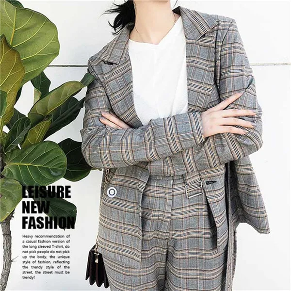 RUGOD Work Fashion Pant Suits new 2 piece set women spring double-breasted plaid Blazer Jacket& pants Office Lady Suits
