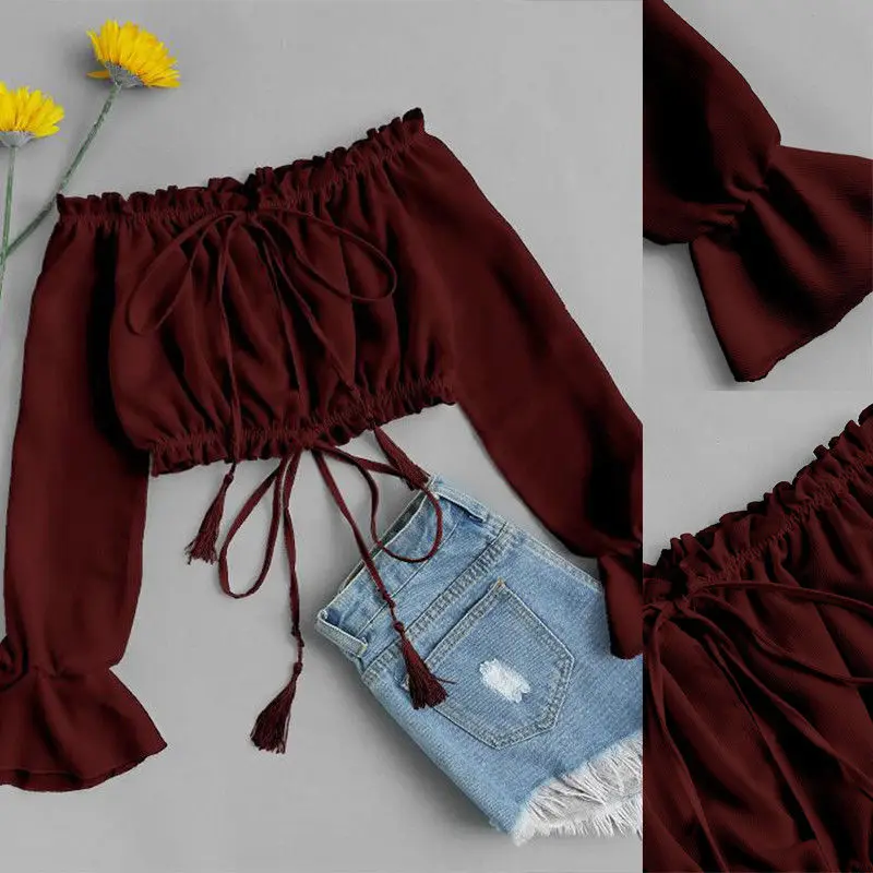 

Fashion New Women Blouses Cute Chiffon Top Off Shoulder Drawstring Shirt Crop Tops Long Sleeve Blouse 2018 Mini Tops