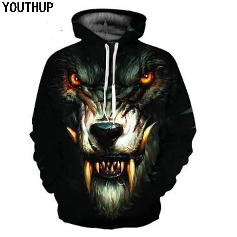Мужская толстовка с капюшоном YOUTHUP Fierce Wolf свитшот 3D-принтом животных и длинным