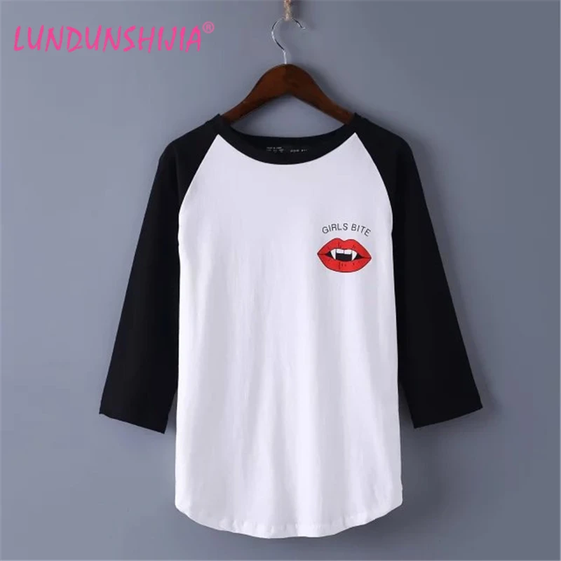 Женские футболки с принтом красных губ LUNDUNSHIJIA рукавом три четверти 2017|t-shirt for