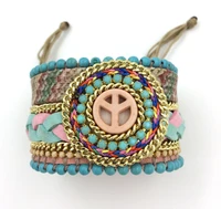 2015 new european jewelry suppliers leather bangle wrap bracelet peace symbol beads bracelet for women girl