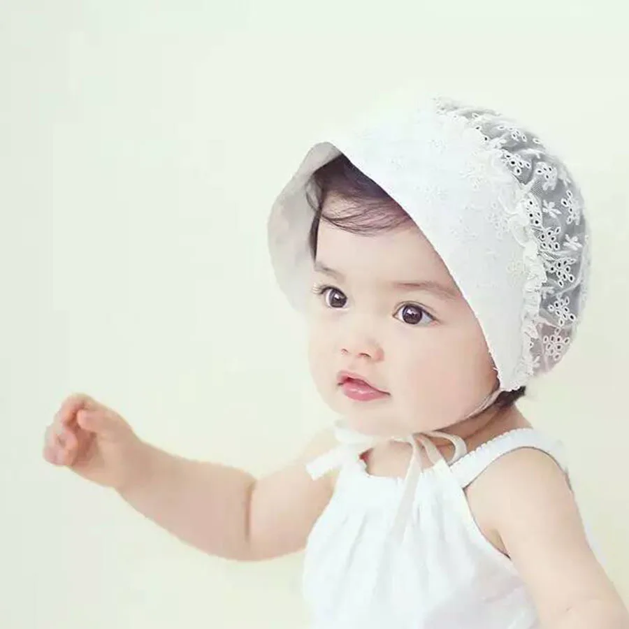 Lace Flower Baby Bonnet Newborn Beanie Hats Spring Summer Lovely Princess Hat Caps Cotton Floral Kids Girls White | Детская одежда и