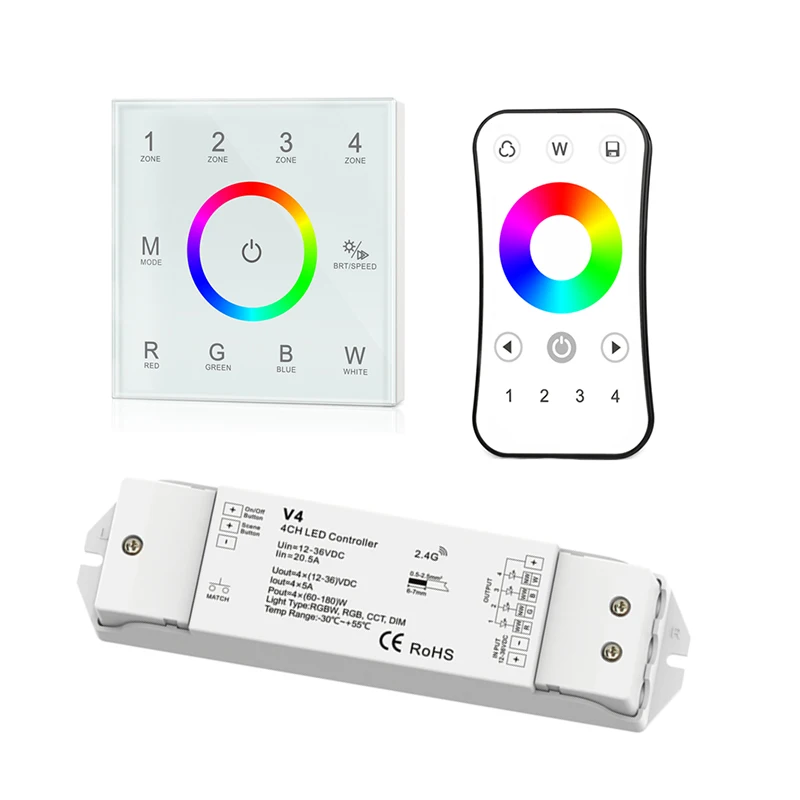 

New Led Rgbw Strip Controller 4 Zone Touch Panel T14 12V 24V Input 5A 4 Channel Output Wireless Receiver R8 RF Remote RGB Ribbon