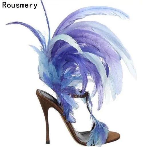 

Summer New Fashion Blue/Purple Feather Straps Women Open Toe Sandals Sexy T-Strap Ankle Buckle Ladies High Heels Plus Size 43