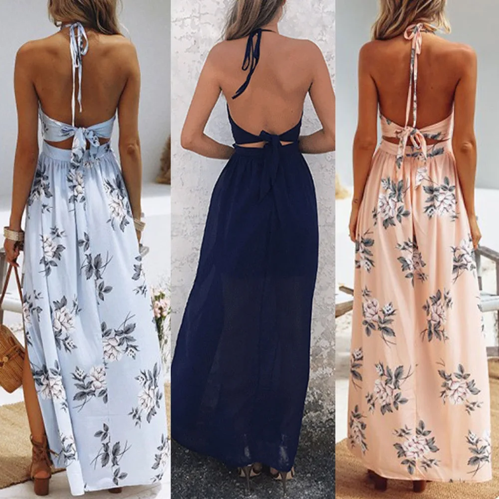 2018 Новый Для женщин BOHO Цветочный принт пляжное платье макси без рукавов вечерние