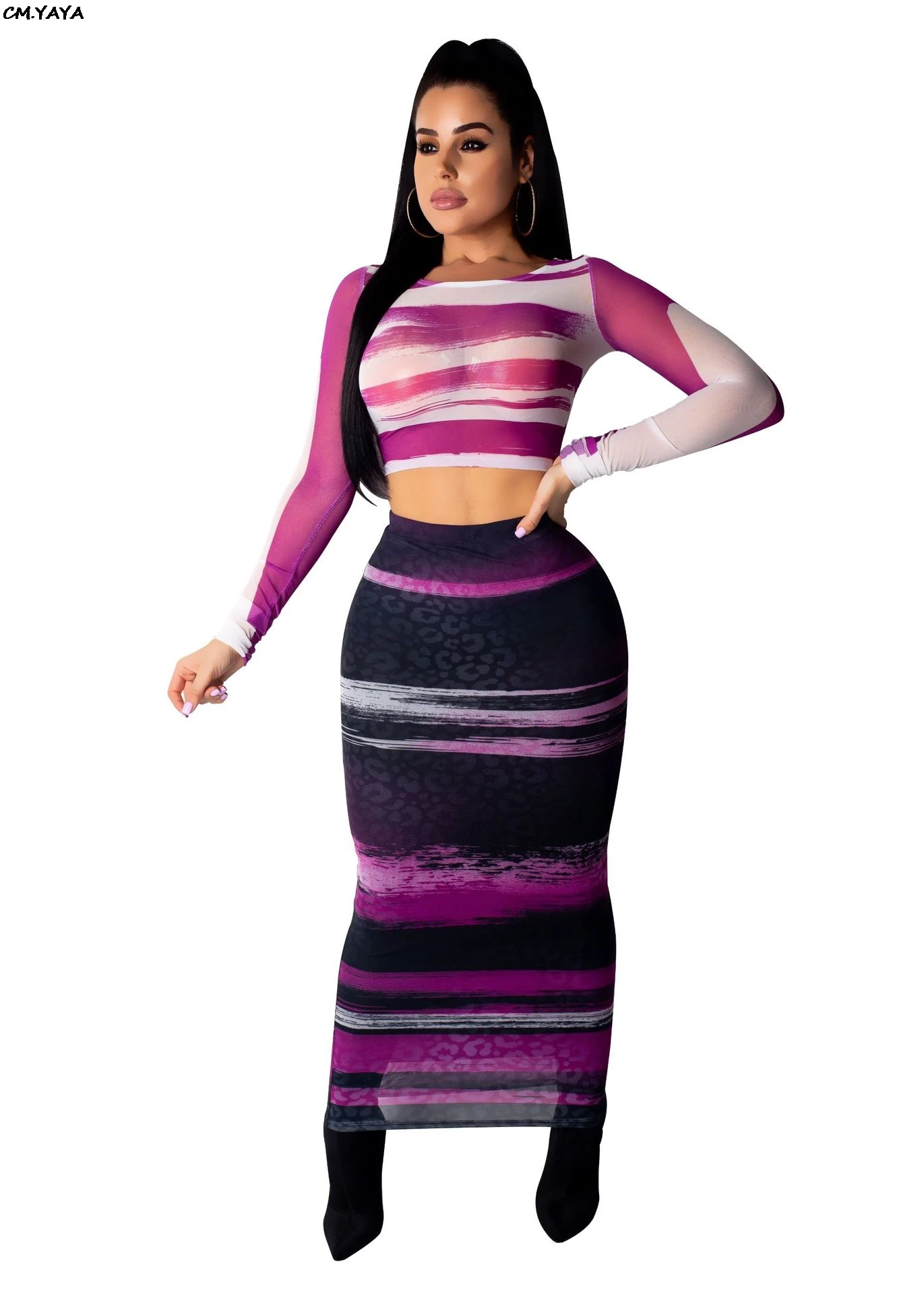 Женский сетчатый костюм-тройка с длинным рукавом и принтом пейсли комплект из