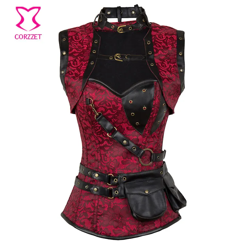 Red/Black Jacquard&Leather Steampunk Bustier Corset Sexy Plus Size 6XL Steel Boned Armor Corsets and Bustiers Gothic Clothing