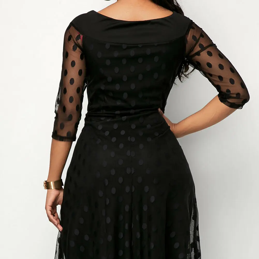 

2019 New Hot Three Quarter Sleeve Polka Dot Mesh Dress Fashion Women Plus Size Black Boho Party Dress Summer Beach Sundress