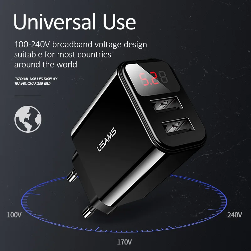 USAMS 2 USB EU LED дисплей зарядное устройство для iPhone Samsung Xiaomi 2.1A Быстрая зарядка