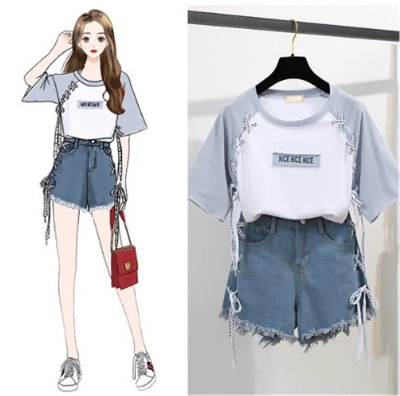 

2019 Summer Girl Leisure tether Print T-shirt + letter Hole denim Skirt Two-piece Women's Sweet Skirt Suit Women Sets