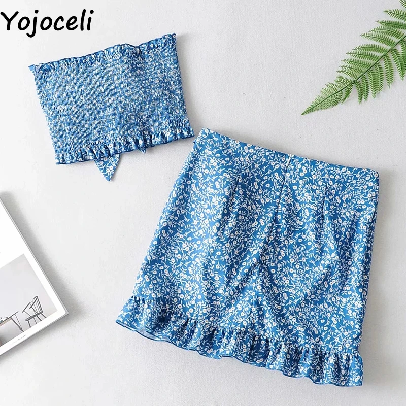 Yojoceli, сексуальное короткое платье с бантом и рюшами, Женский комплект из двух предметов, летнее элегантное пляжное платье с цветочным принтом, повседневное Повседневное платье, vestidos