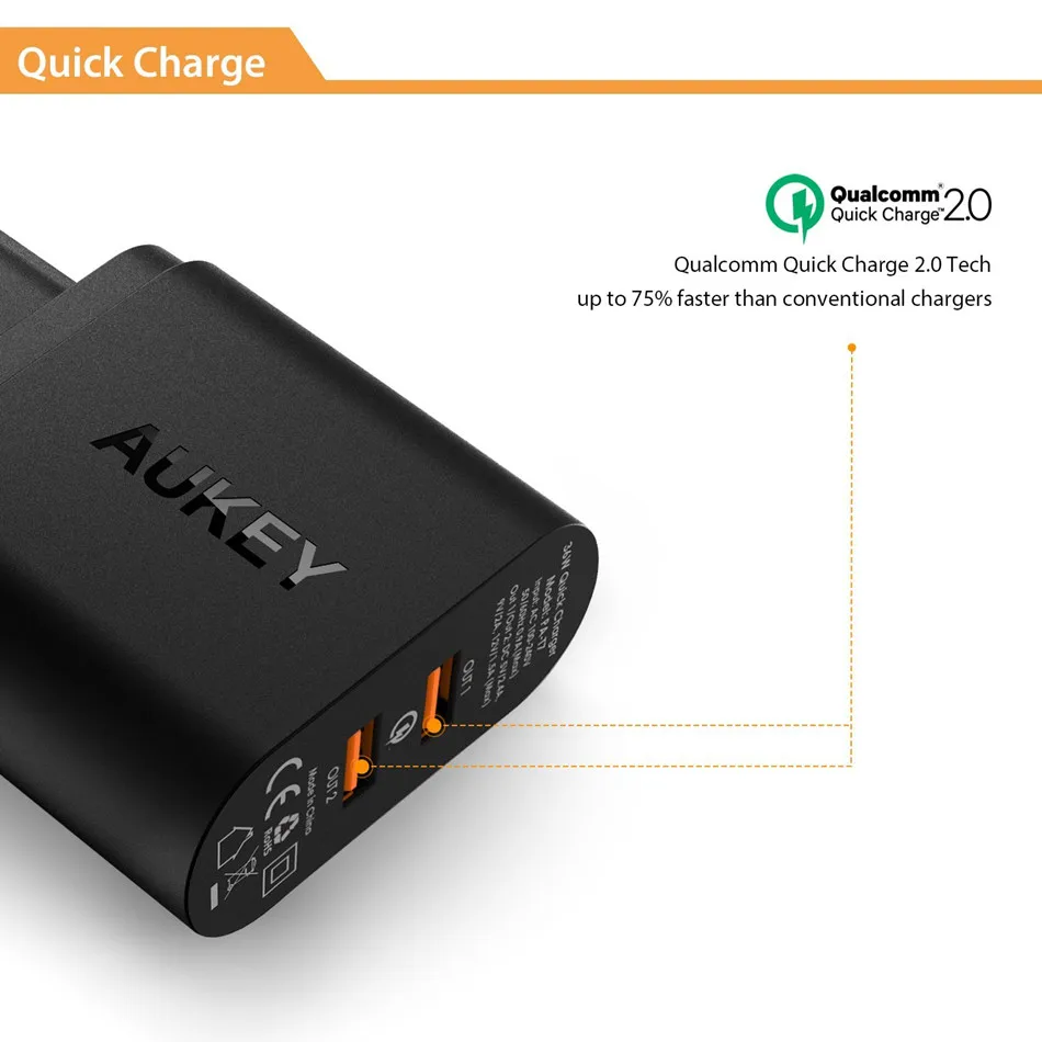 For Qualcomm Certified AUKEY Quick Charge QC 2.0 2 ports 36W USB Turbo Fast Wall Charger for Samsung Sony HTC LG &ampMore Phones PC |