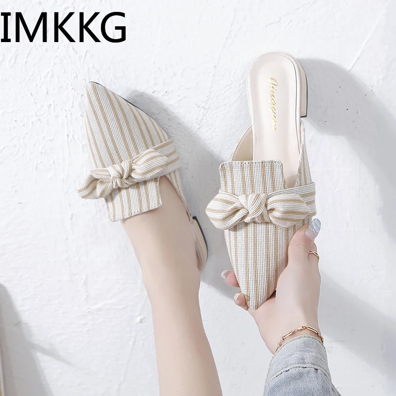 Женские босоножки в полоску с острым носком на среднем каблуке | Обувь