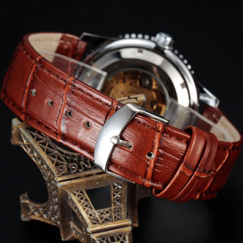 Мужские механические часы-скелетоны в стиле ретро с кожаным ремешком | Наручные