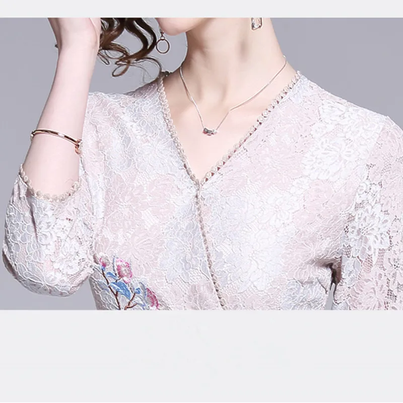 2019 New Dress Women Spring Summer Embroidery Lace Vestidos Long section Vintage French Solid Minority V-neck Dresses | Женская одежда
