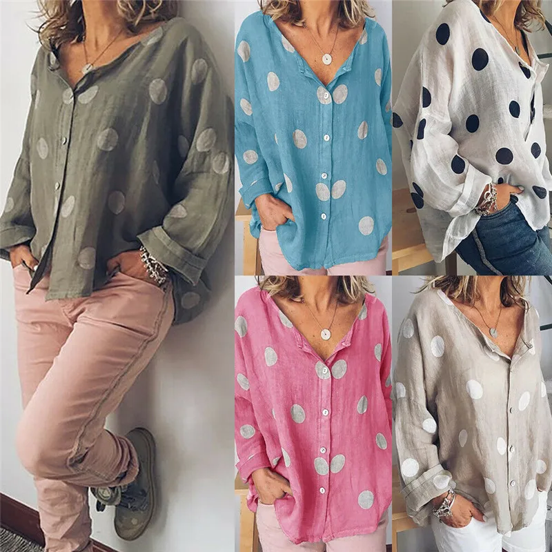

2019 Summer Women Elegant Casual Blouse Polka Dot Printed Button Loose Shirt Baggy Long Sleeve Basic Top OL Work Office Shirt