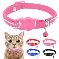 cat collar crystal cats accessories pets dog quick release rhinestone leather collar with bell katten halsband kitten necklace