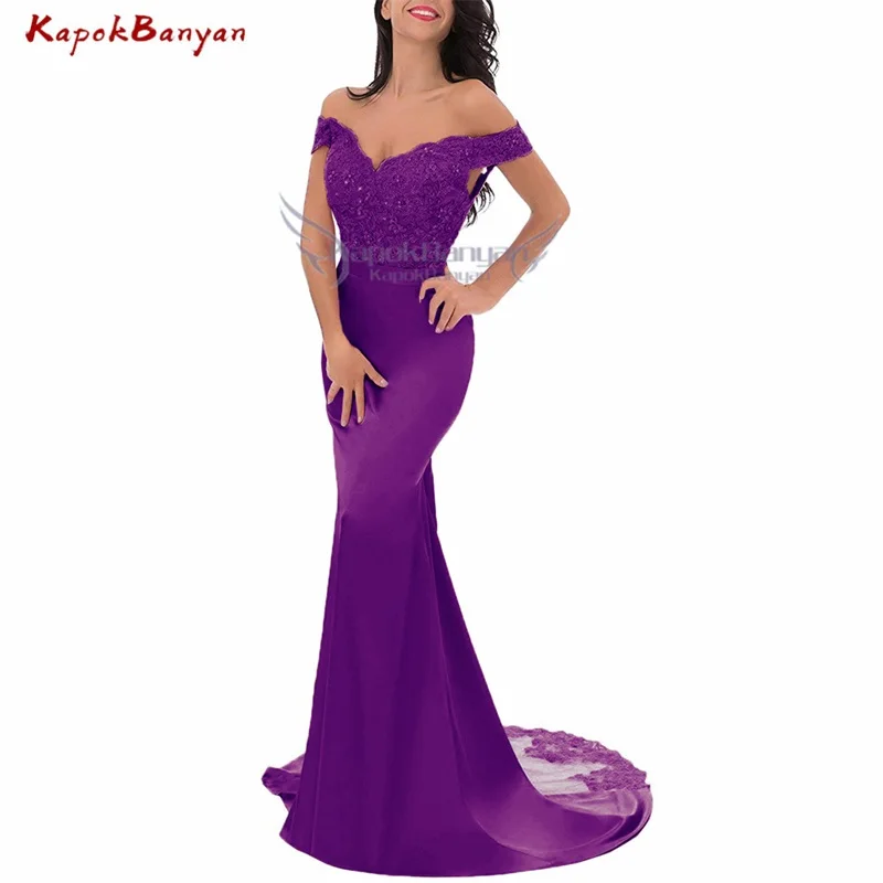 Purple Кружевное платье подружки невесты с открытыми плечами; платье с разрезом из тюля и шлейфом для свадебной вечеринки; robe demoisle d'honneur - Цвет: Purple