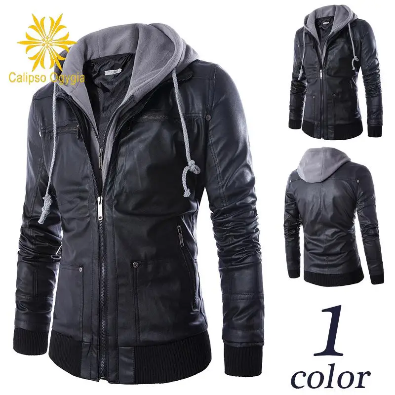 

Winter Leather Jackets and Coats Men Hooded False Two Pieces Fashion Jaqueta Masculina Motorcycle Casacas De Cuero Para Hombre