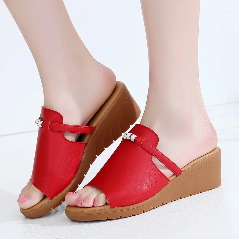 Qiannml Med Heels Women's Wedges Slides Summer Split Leather Shoes 2021 Rhinestone Platform Slippers Woman Plus Size Shoe | Обувь