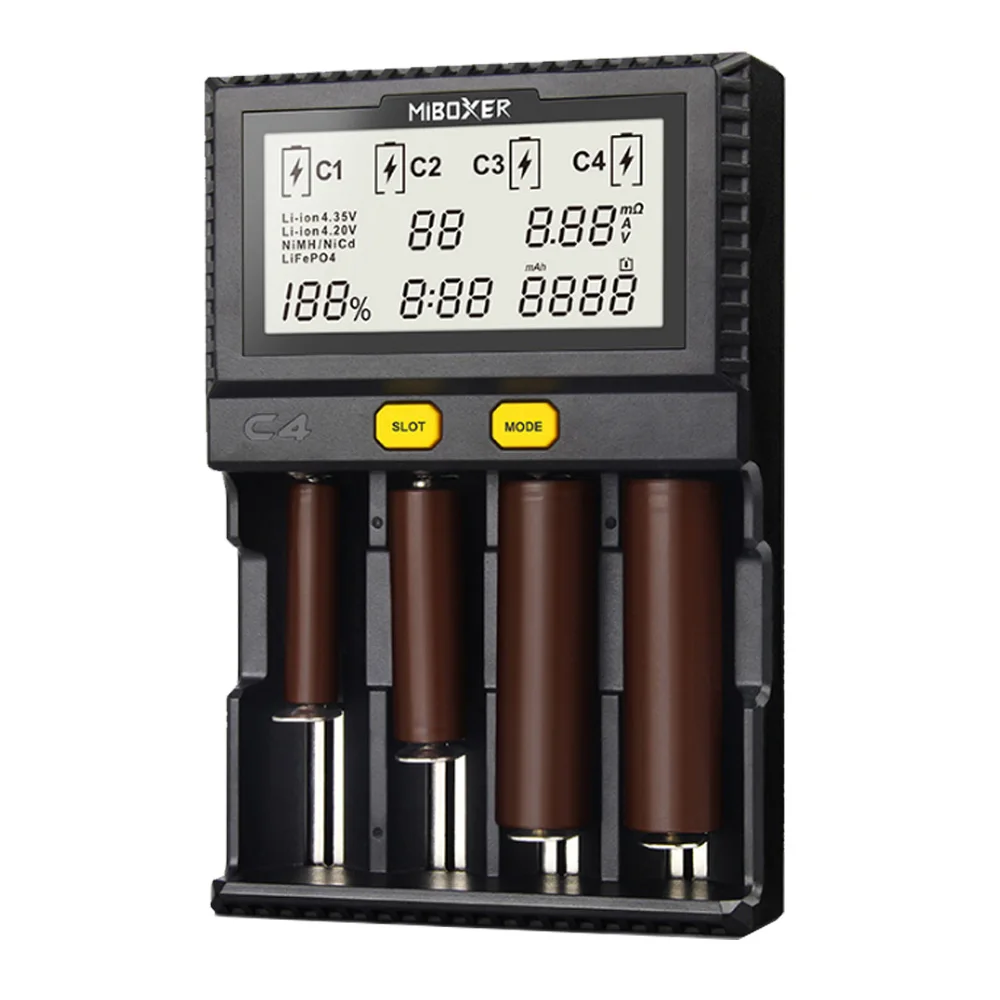 Смарт зарядное устройство Miboxer C4 Plus с ЖК дисплеем для Li Ion IMR ICR LiFePO4 18650 14500 26650 21700 AAA