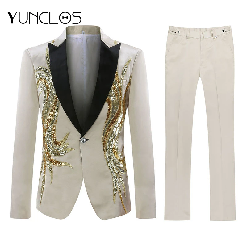 YUNCLOS мужской костюм с пайетками вечерние платья 2 шт. Шаль Воротник Slim Fit костюм роскошный алмаз Свадебная вечеринка мужские костюмы
