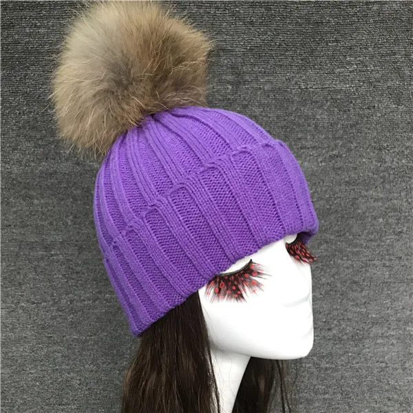 purple Милая меховая шапка с помпоном, женская теплая шапка, детские вязаные шапочки, шапка, плотный трикотаж, шапки из натурального меха лисы/енота - Цвет: purple