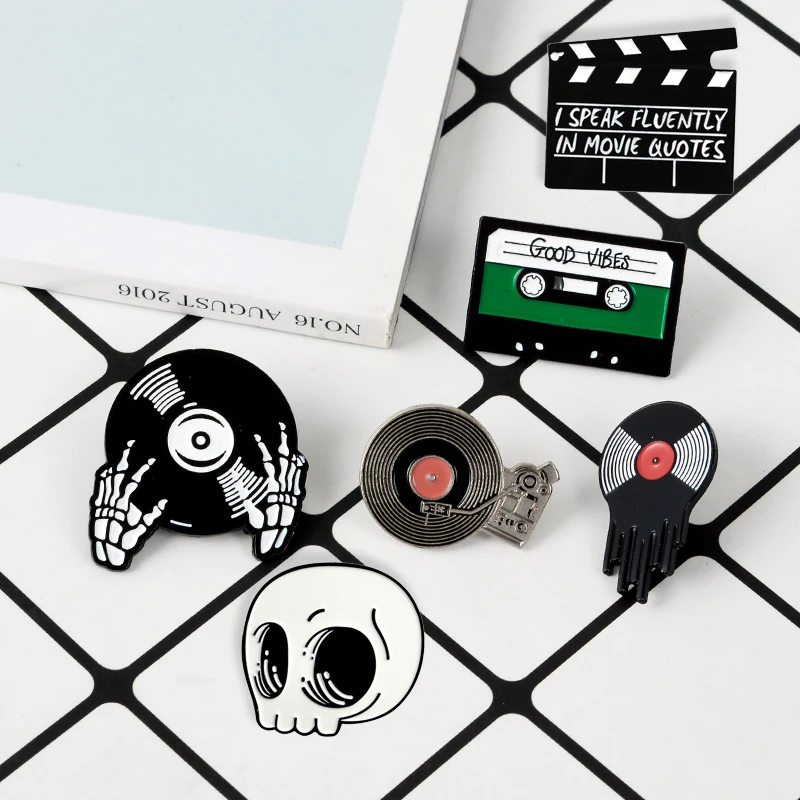 Punk Music Lovers Pin Skeleton DJing Vinyl Record Player Enamel Badge Tape Lapel Pins Brooches Shirt Bag Cool Gothic Jewelry