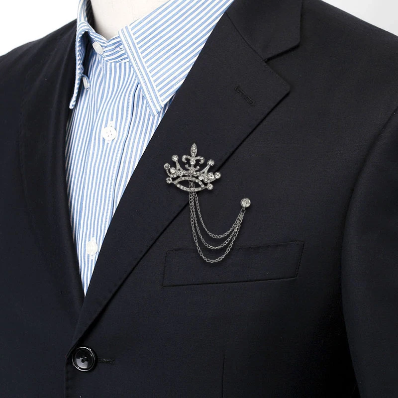 Роскошный ретро-стиль кристальная корона брошь из металла с тремя цепочками и вставками циркона, инкрустированная стразами, мужская и женская брошь.