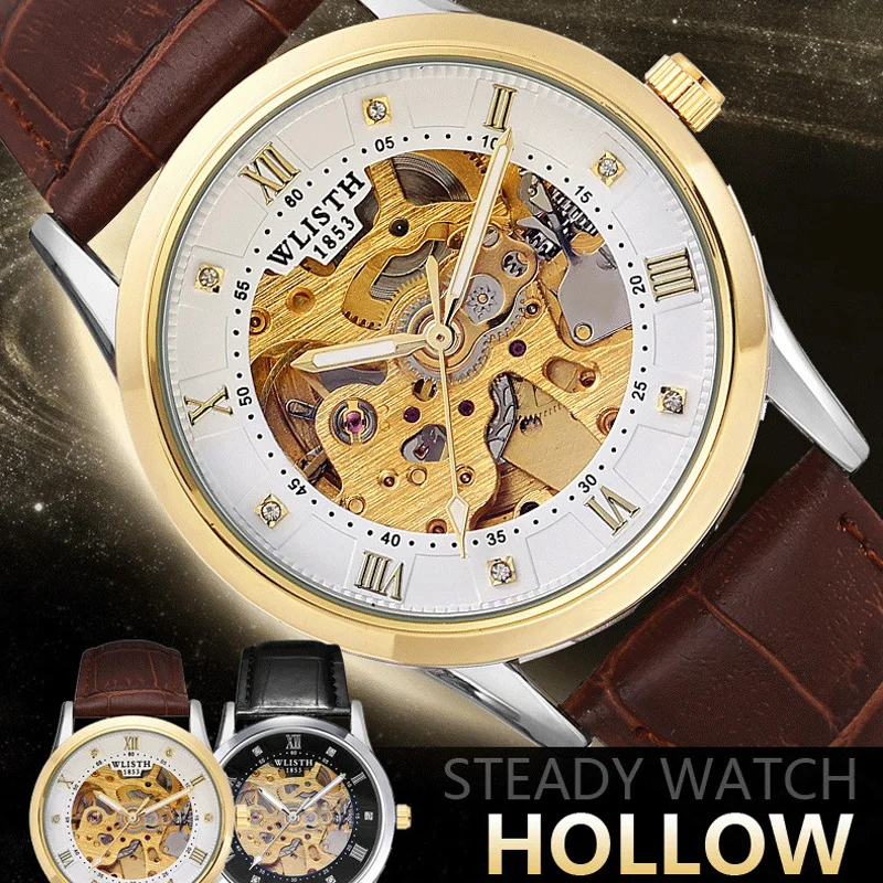 

Top WLISTH Brand Men Skeleton Gold Watch Automatic Mechanical Mens Steel Watches Waterproof Self-winding Clock Stainless Steel